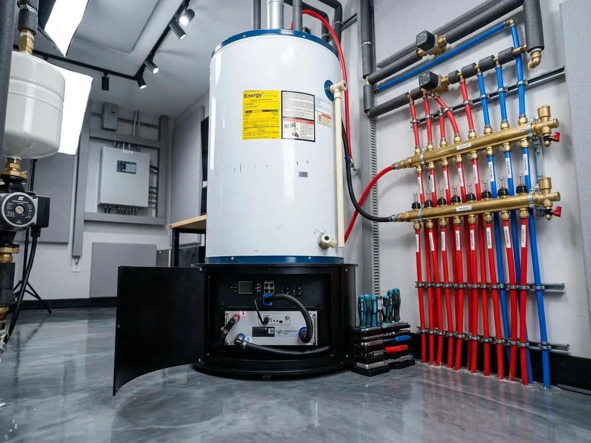 Aqueon hydro system with its cabinet open beneath a water heater, next to a radiant heat manifold